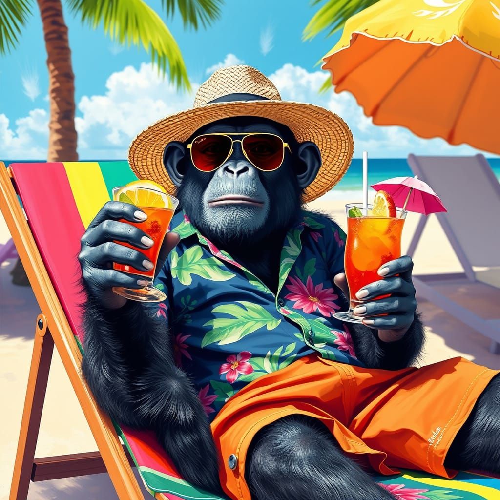 Chimpanzee Lounging on Beach in David Hockney Style