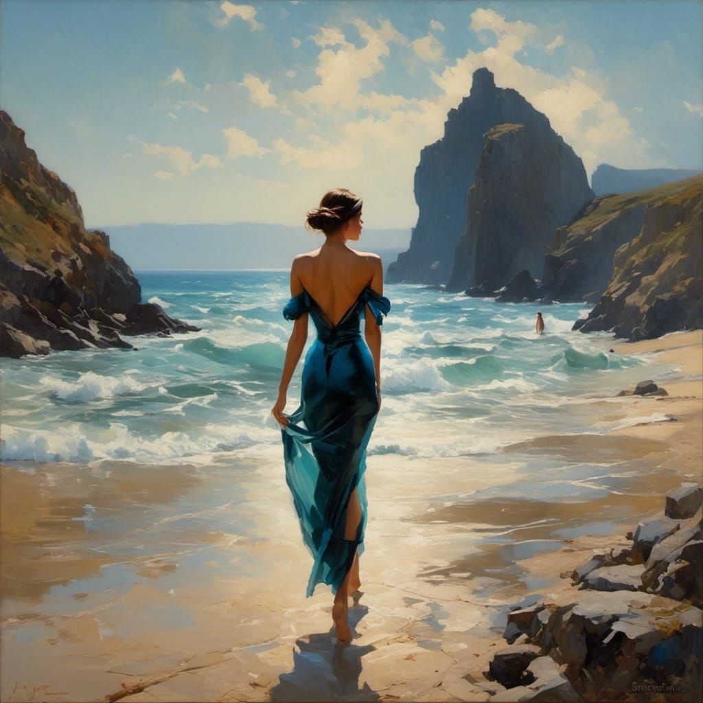 Solitary Woman Walks Toward Horizon in Cyan Moonlight