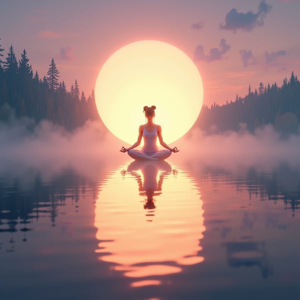 Meditating Figure in Light Bubble Above Dawn Lake