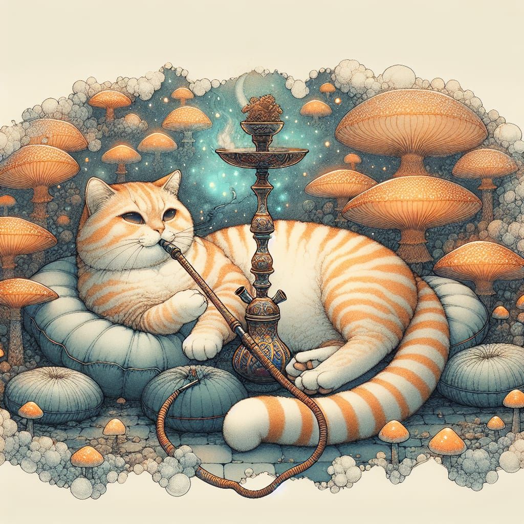 Whimsical Orange Cat Smokes Hookah in Enchanted Forest