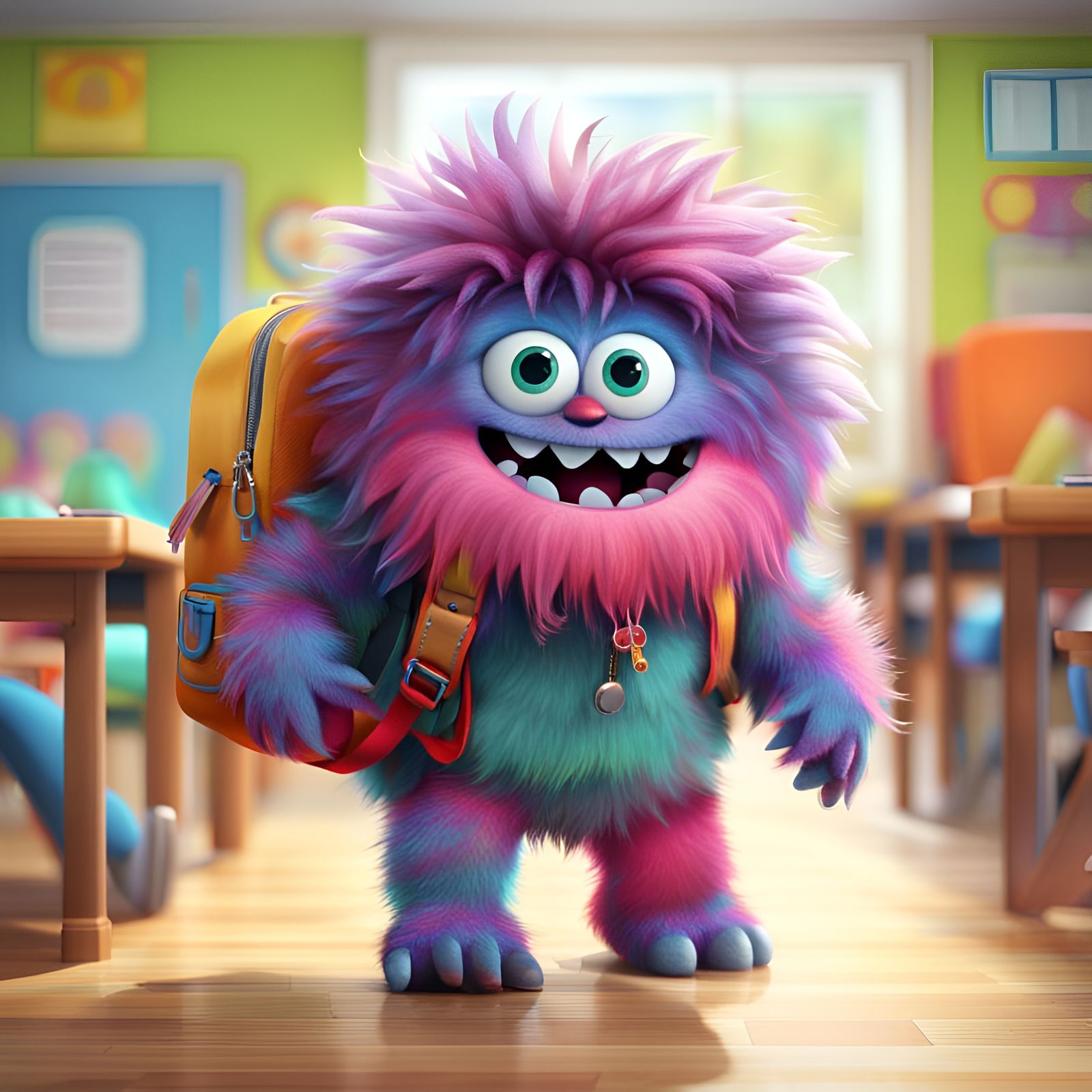Excited Fluffy Monster First Day of School