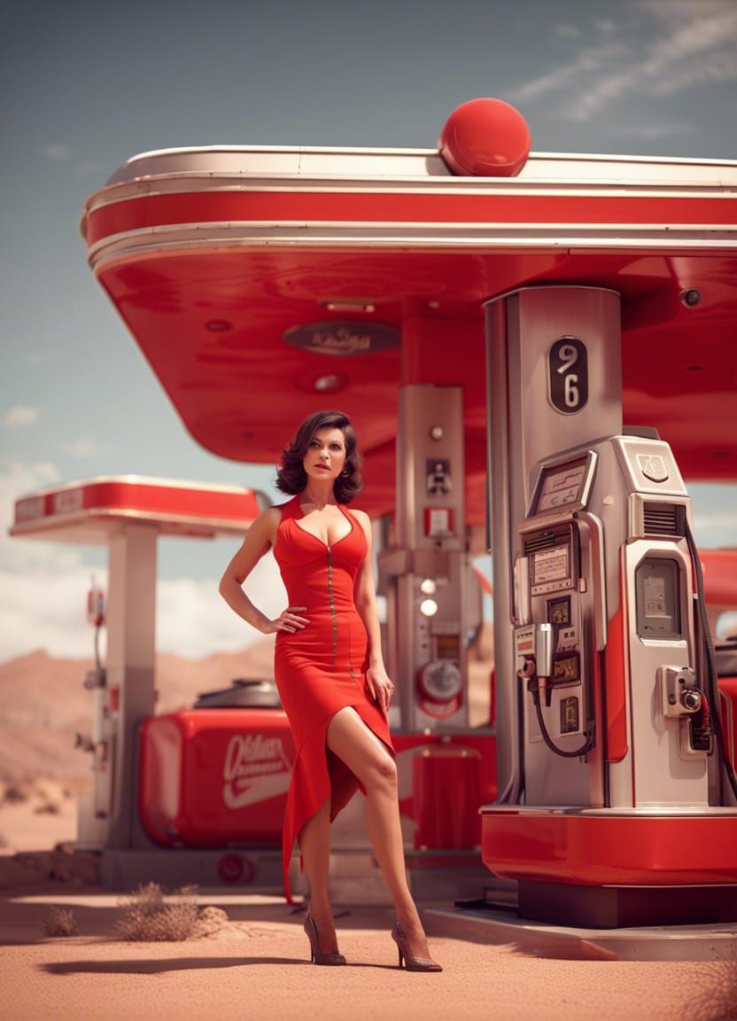 1960s Pin-Up at Desert Gas Station in Sci-Fi Style