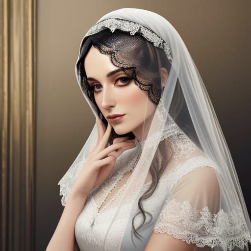 A beautiful lady in Spain wearing a lace veil that completely covers her face and hand-embroidered lace mantilla. Franci...