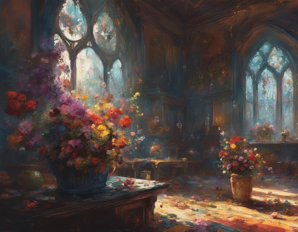 Gothic Room with Flowers: Digital Illustration