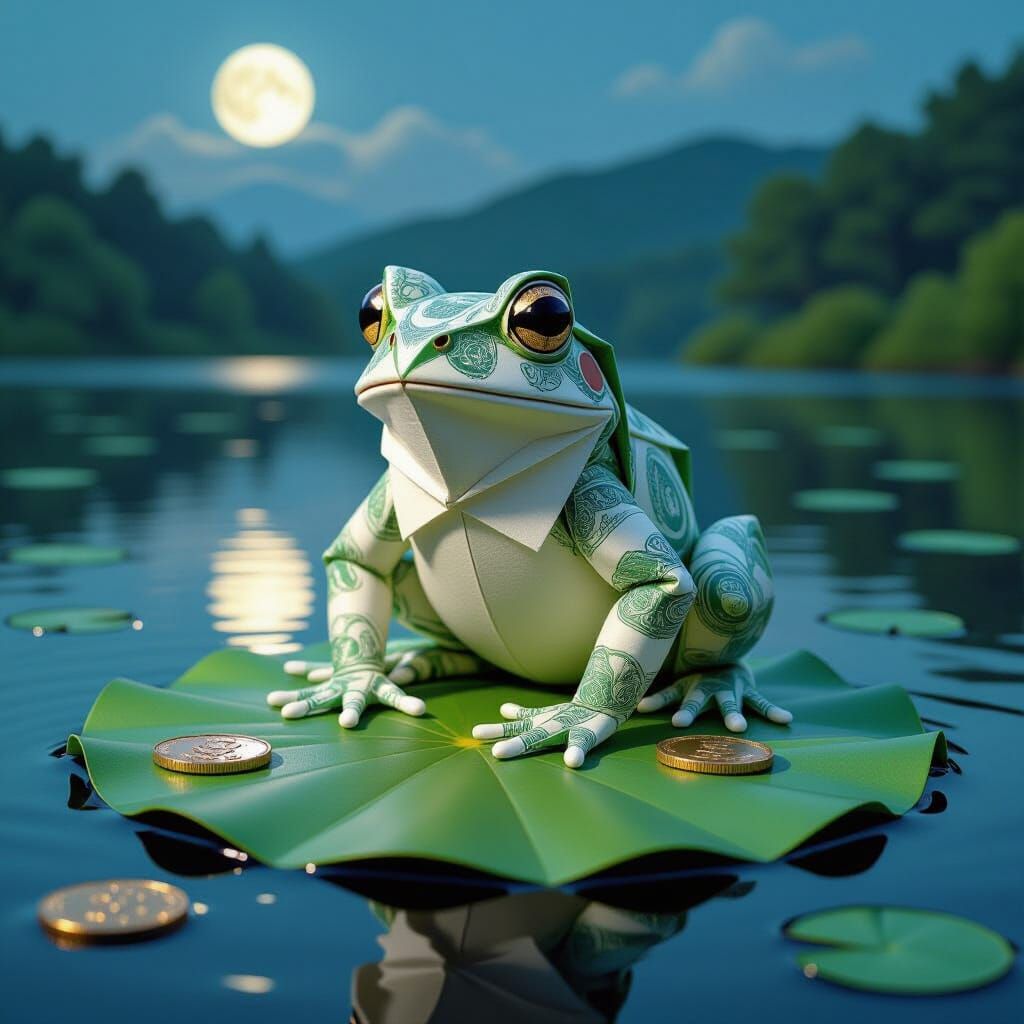 Origami Frog Made of Money on Lily Pad