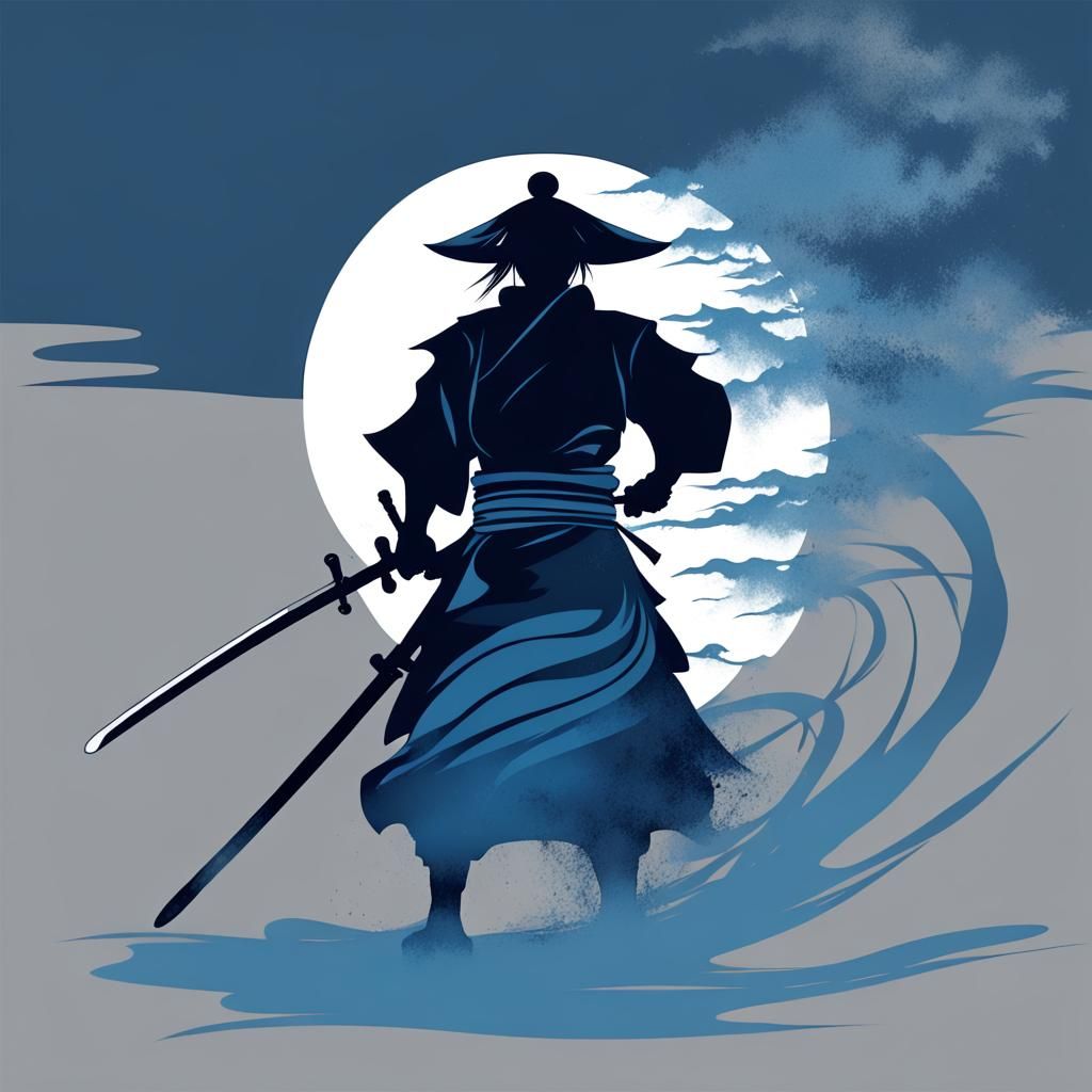Samurai Silhouette with Sword in Anime Style