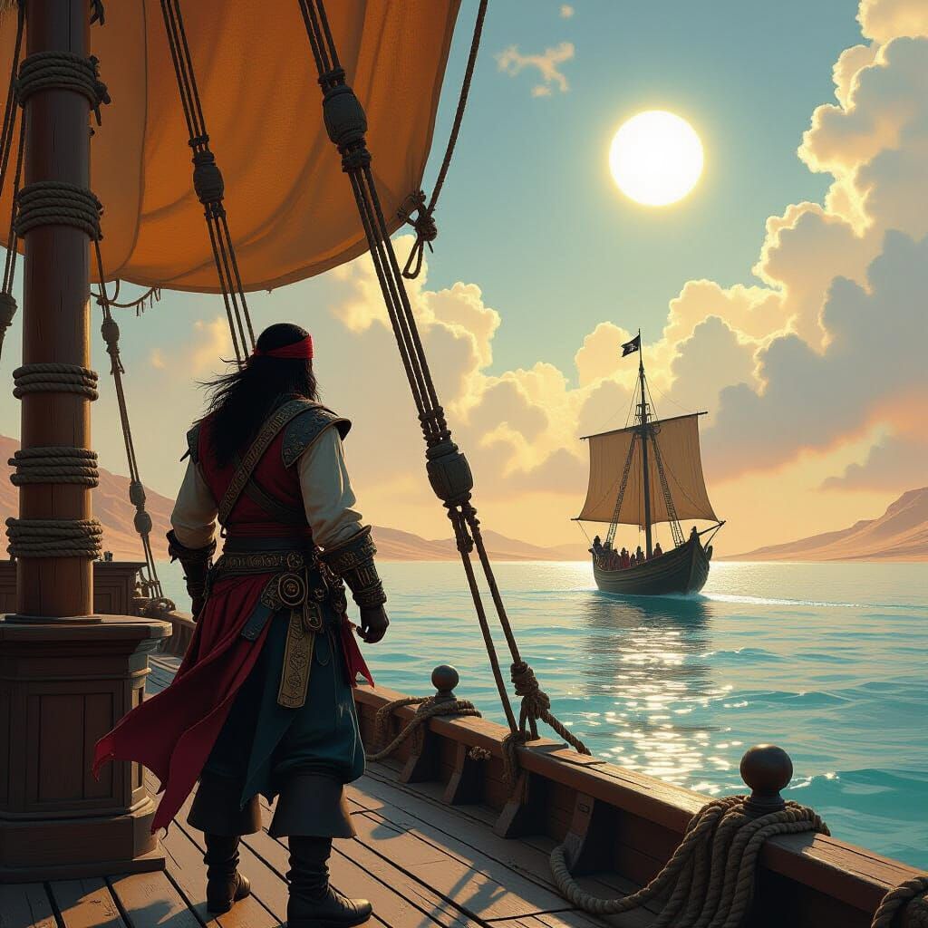 Pirate Captain on Sandship Gazes at Oasis Under Twin Suns