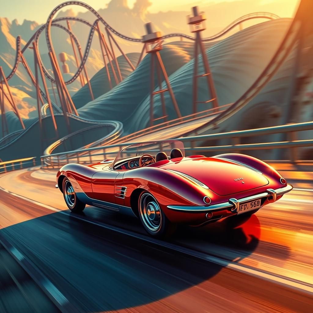 Futuristic Sports Car on Serpentine Road in Dreamlike Citysc...