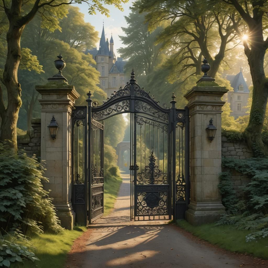 Ornate Gate Reveals Forest Mansion, Photorealistic Style