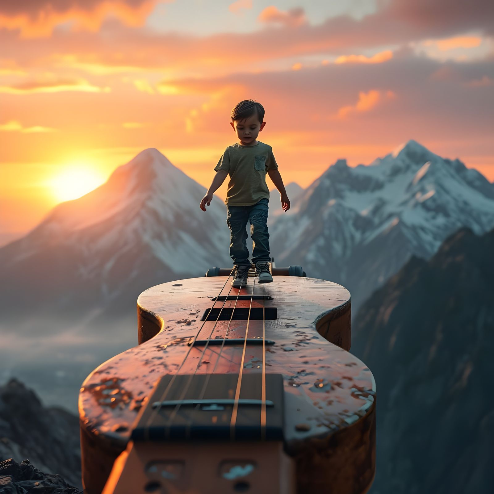 Boy Walks Guitar Bridge at Sunset