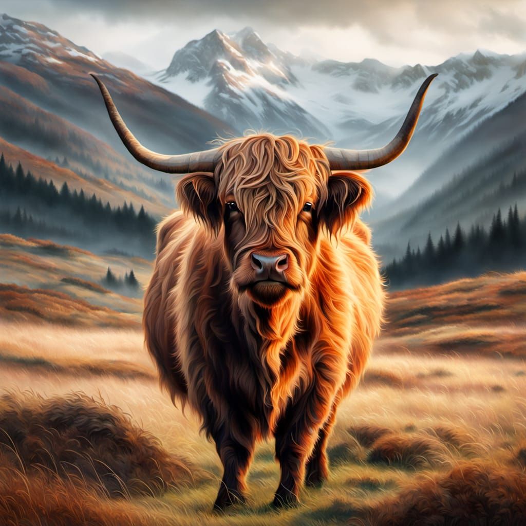 A Highland Cow in a Serene Mountain Landscape