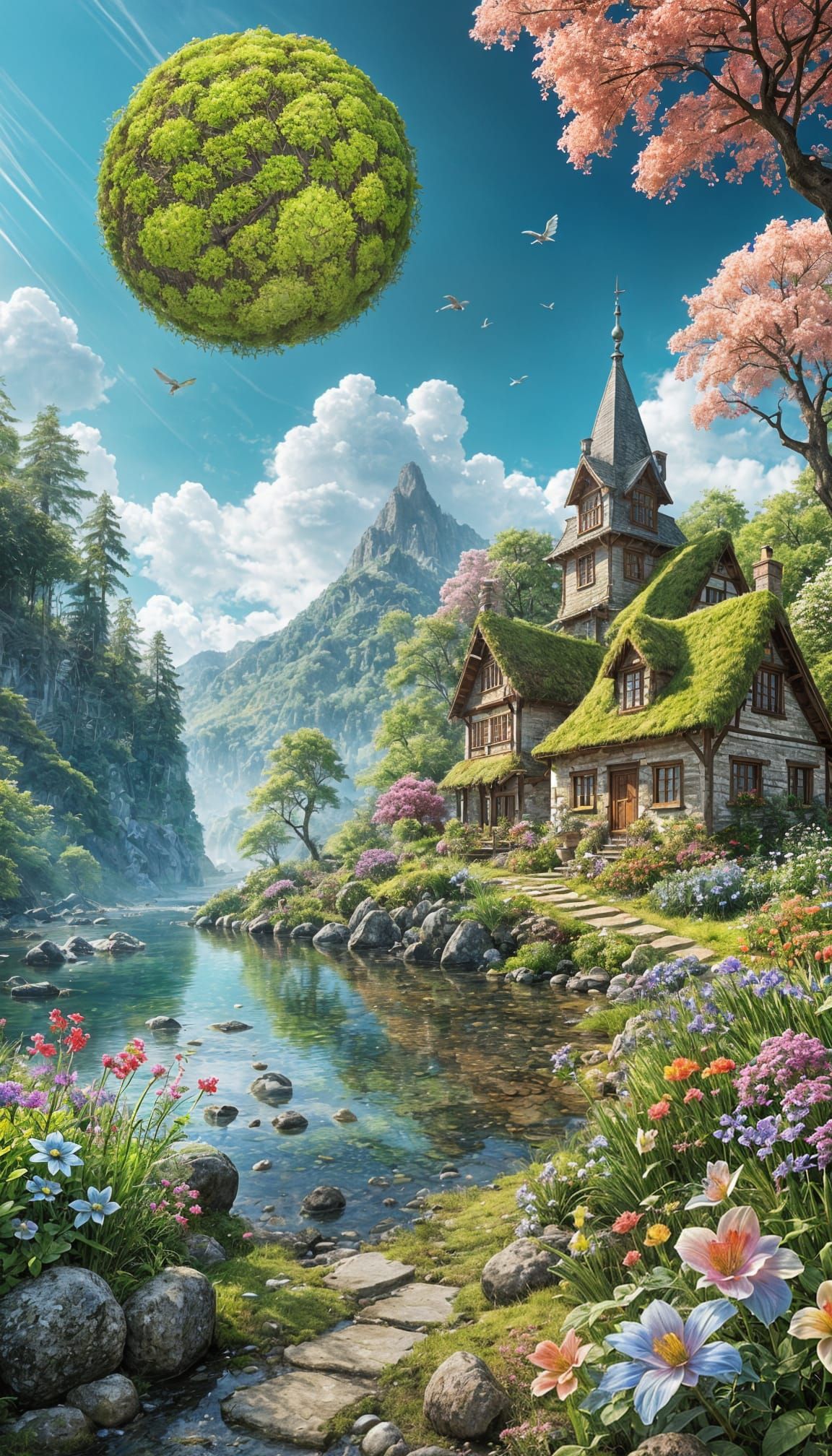 Enchanted Forest Scene with Exotic Animals and Mossy Cottage...