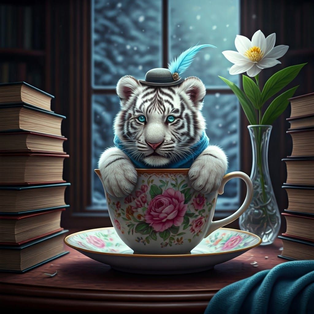 Miniature White Tiger Cub Reading in Teacup