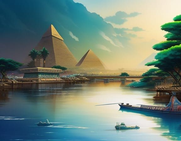 Egyptian Pyramids and Nile River in Anime Watercolor