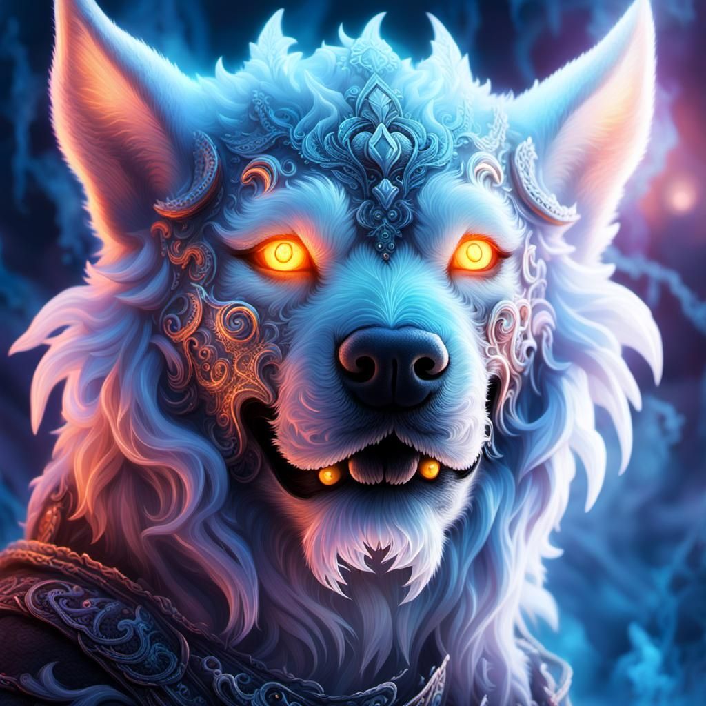 Smiling Cerberus Portrait with Neon Eyes in Digital Art