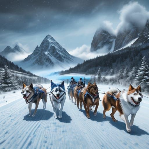 Dogs Pulling Sled Through Snowy Wilderness