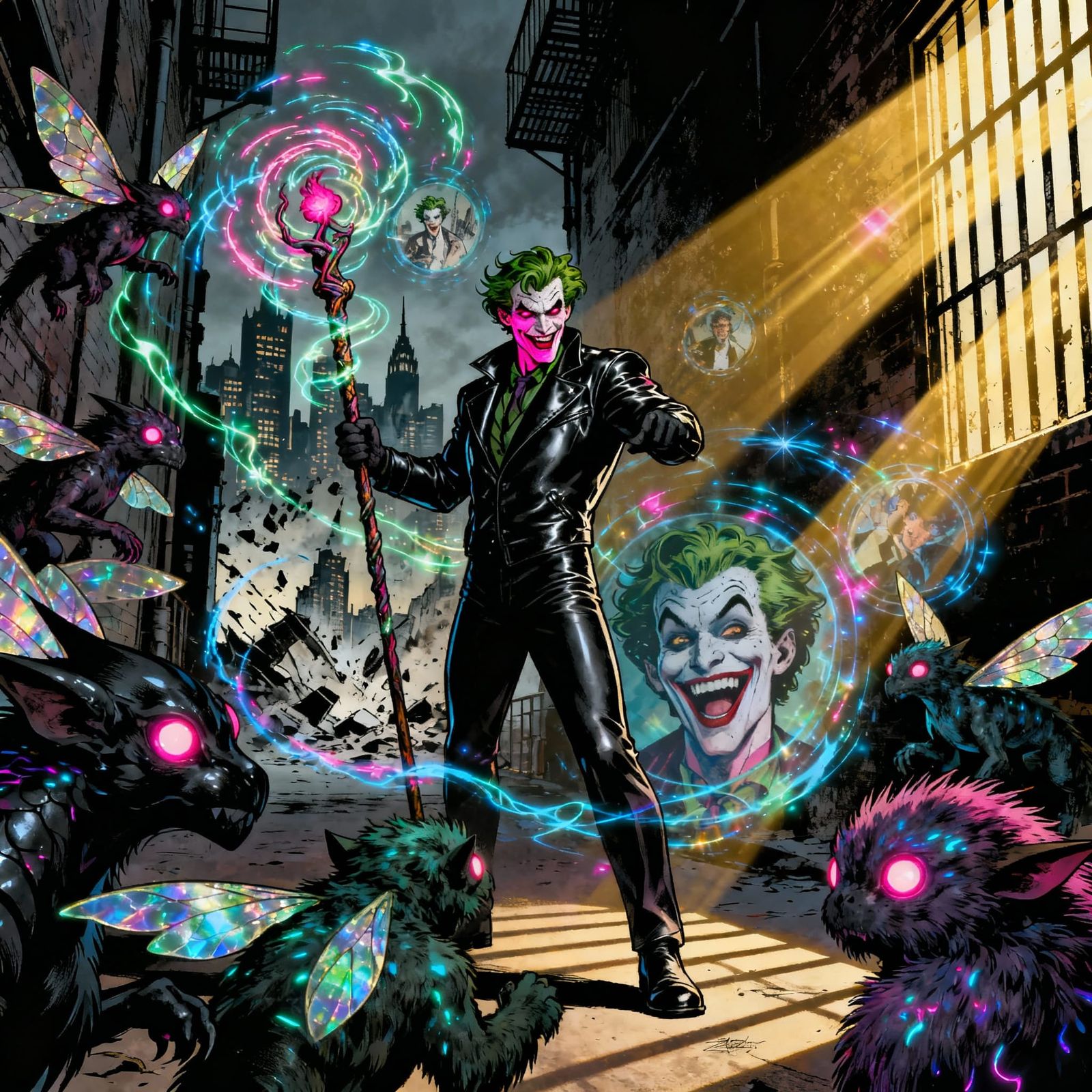 Joker in Alleyway with Enchanted Creatures and Temporal Dist...