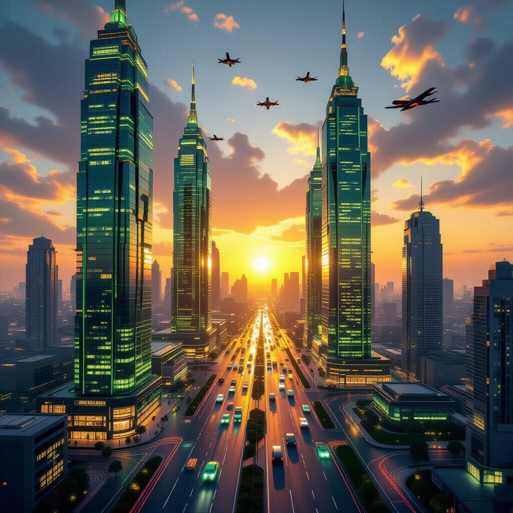 Futuristic Green Lagos Skyline with Flying Cars at Sunset