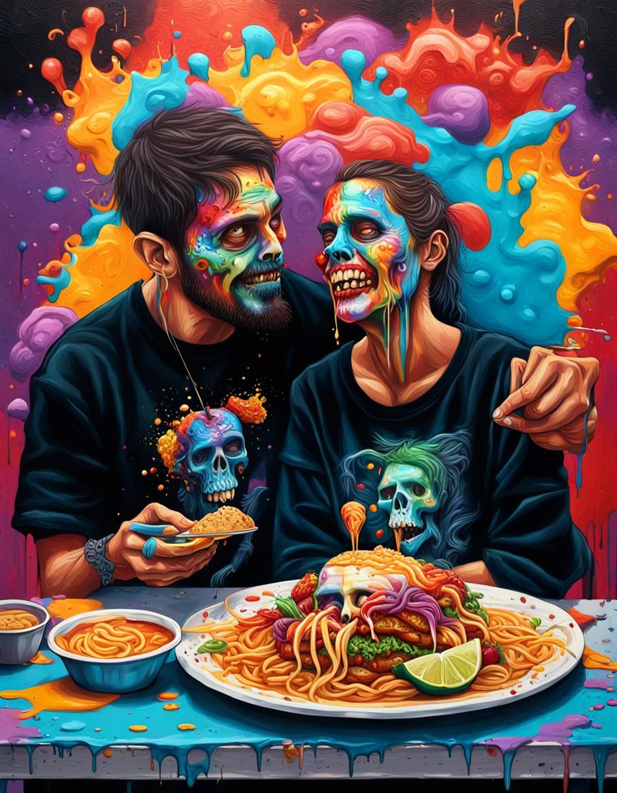 Gothic Couple Enjoying Mexican Food as Graffiti Art