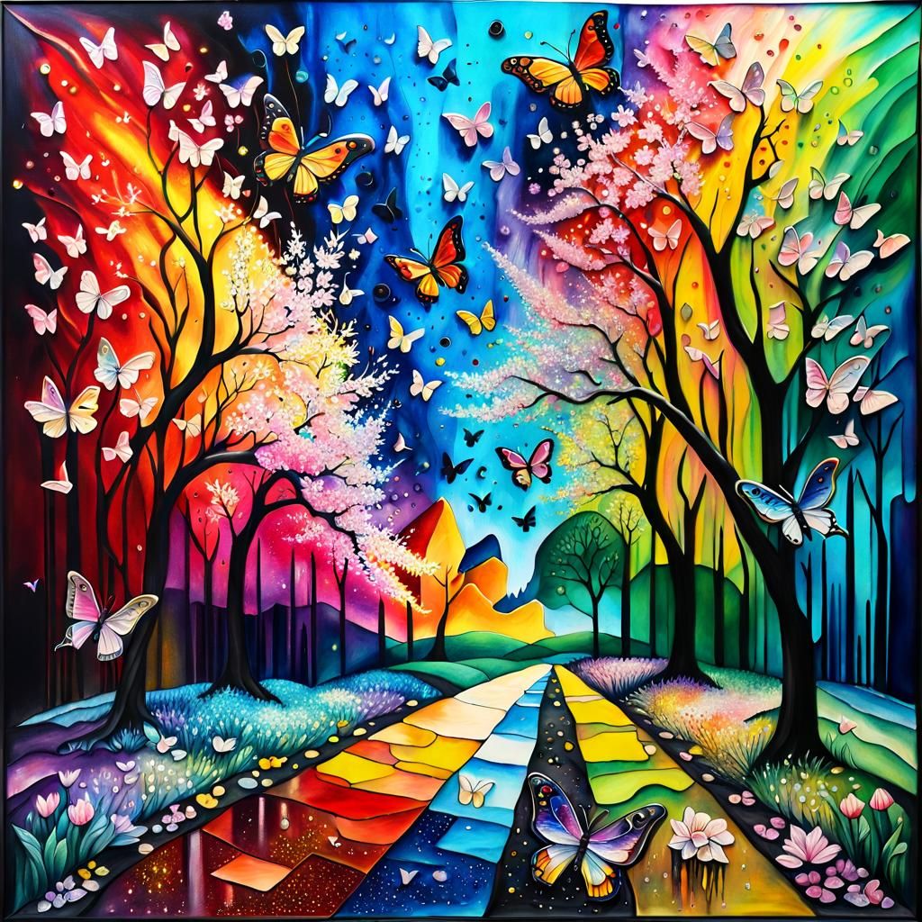 Holographic Spring Blossoms and Butterflies in Acrylic Stain...