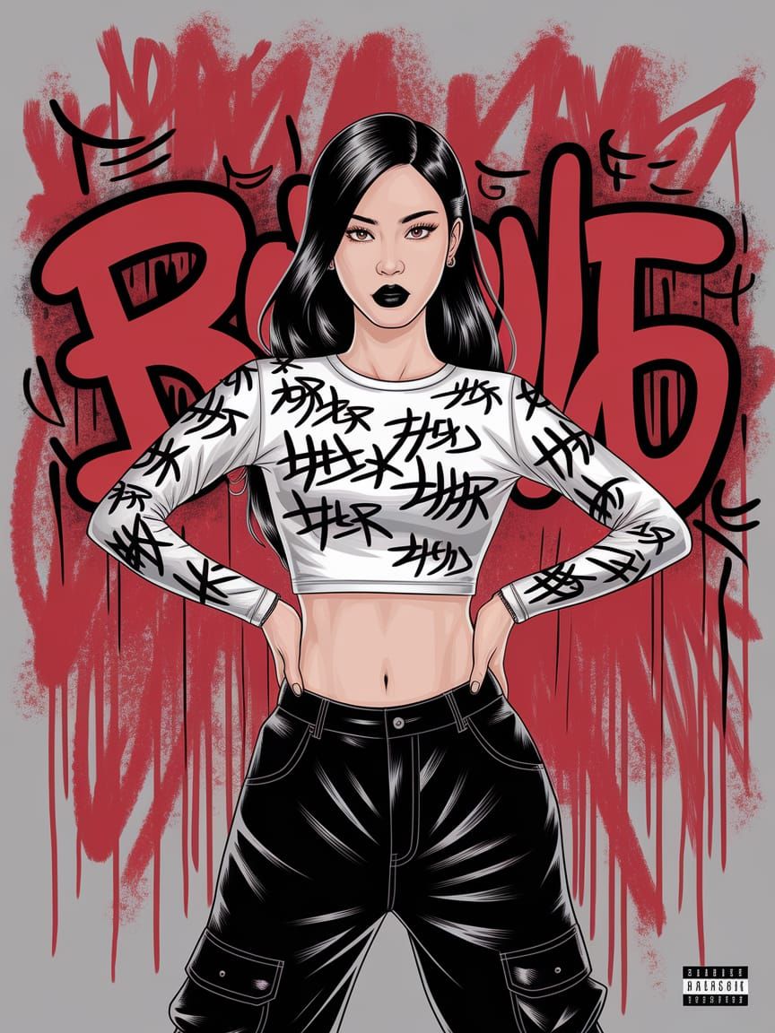 Confident Korean Woman in K-Pop Fashion, Manga Ink Art
