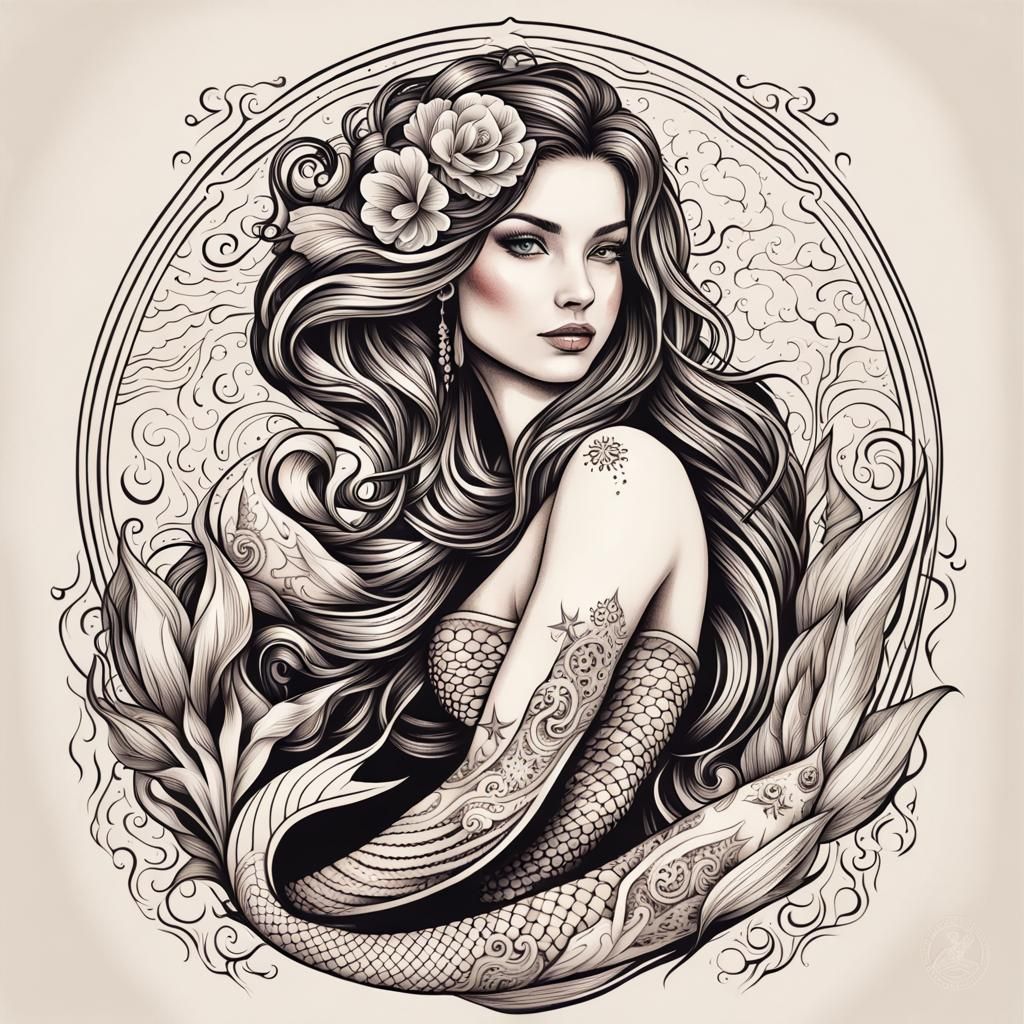 Cyclops Mermaid in Traditional Tattoo Style Portrait