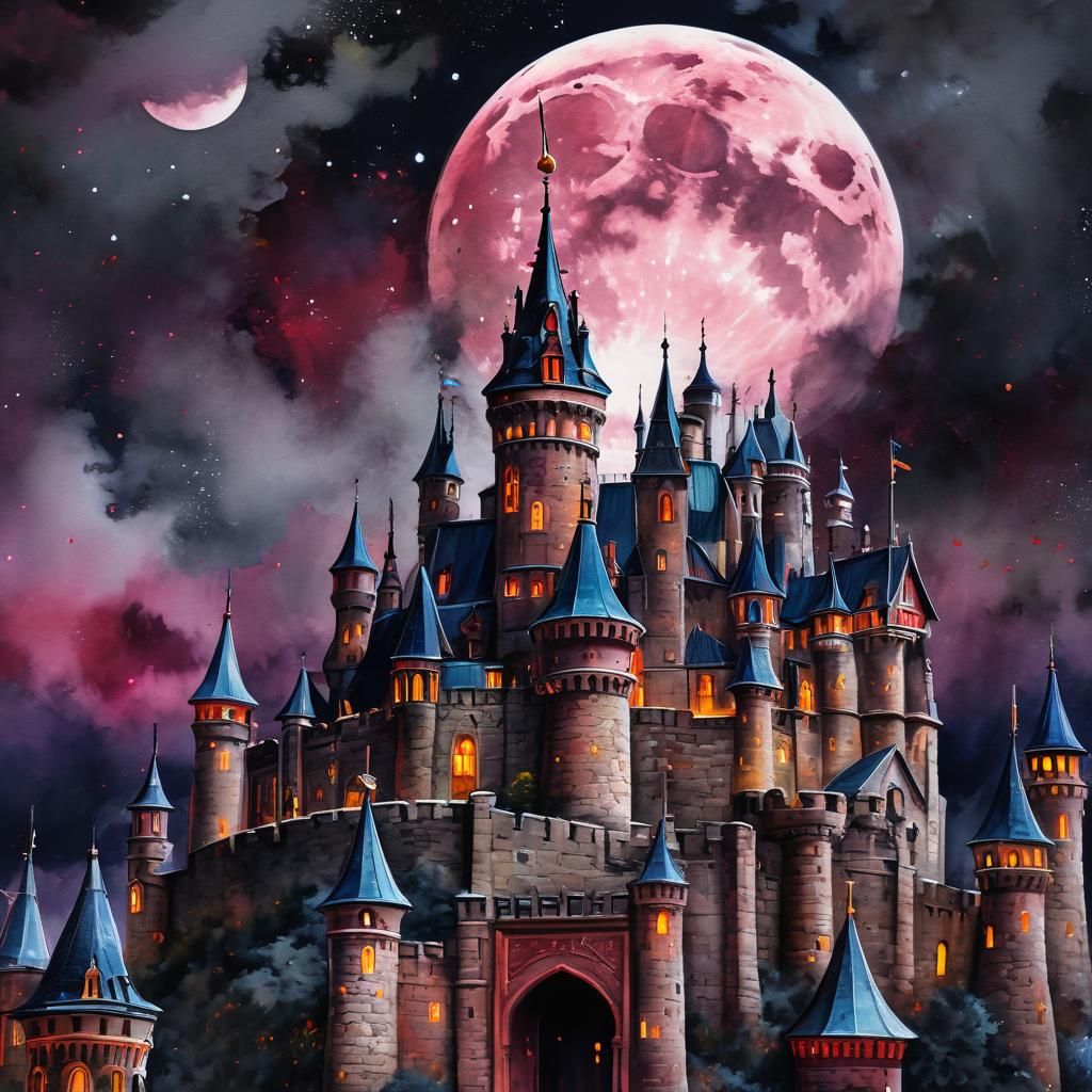 Ethereal Scarlet Super Moon Over Castle Ramparts