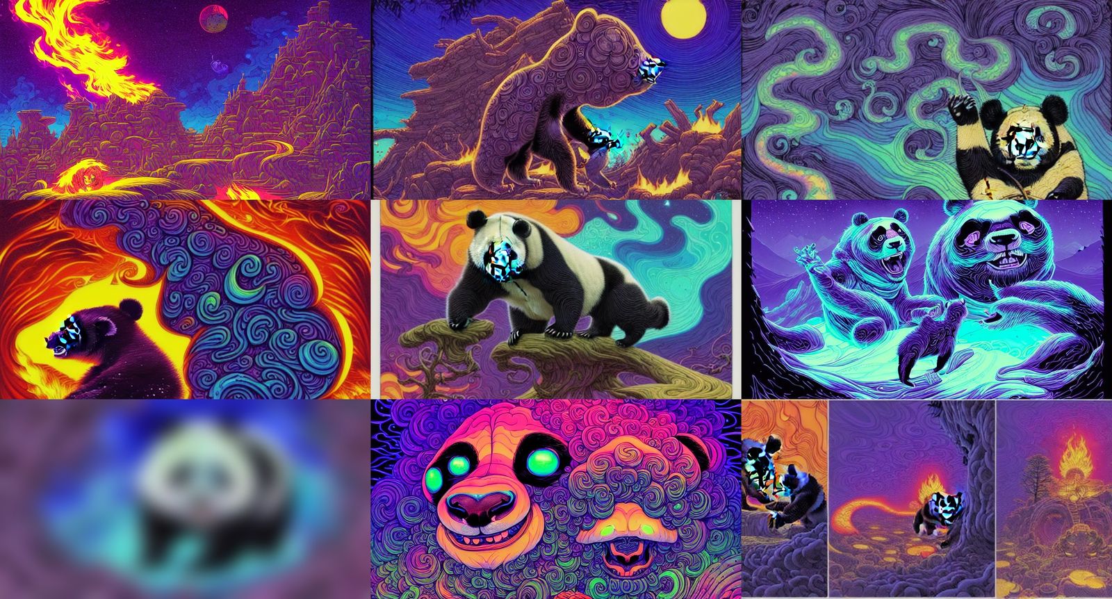 Beautiful epic blacklight panda night fire, detailed bold illustration, by Dan Mumford, by Cyril Rolando, by Shawn Coss,...