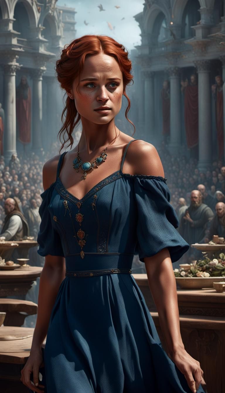 Red-Haired Woman in Blue Dress: Ethereal Fantasy Art