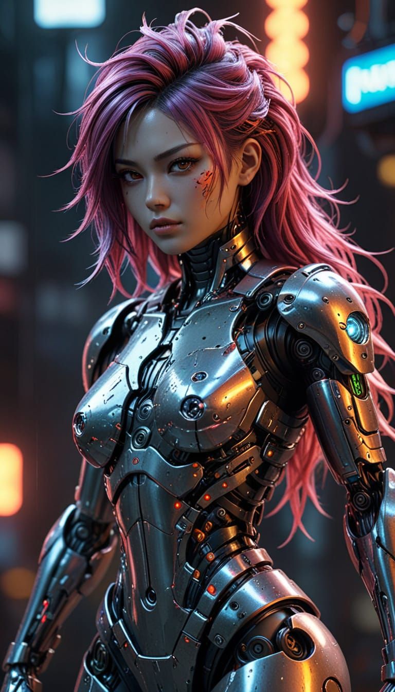 Realistic Cyborg Woman with Cyberpunk Neon Background