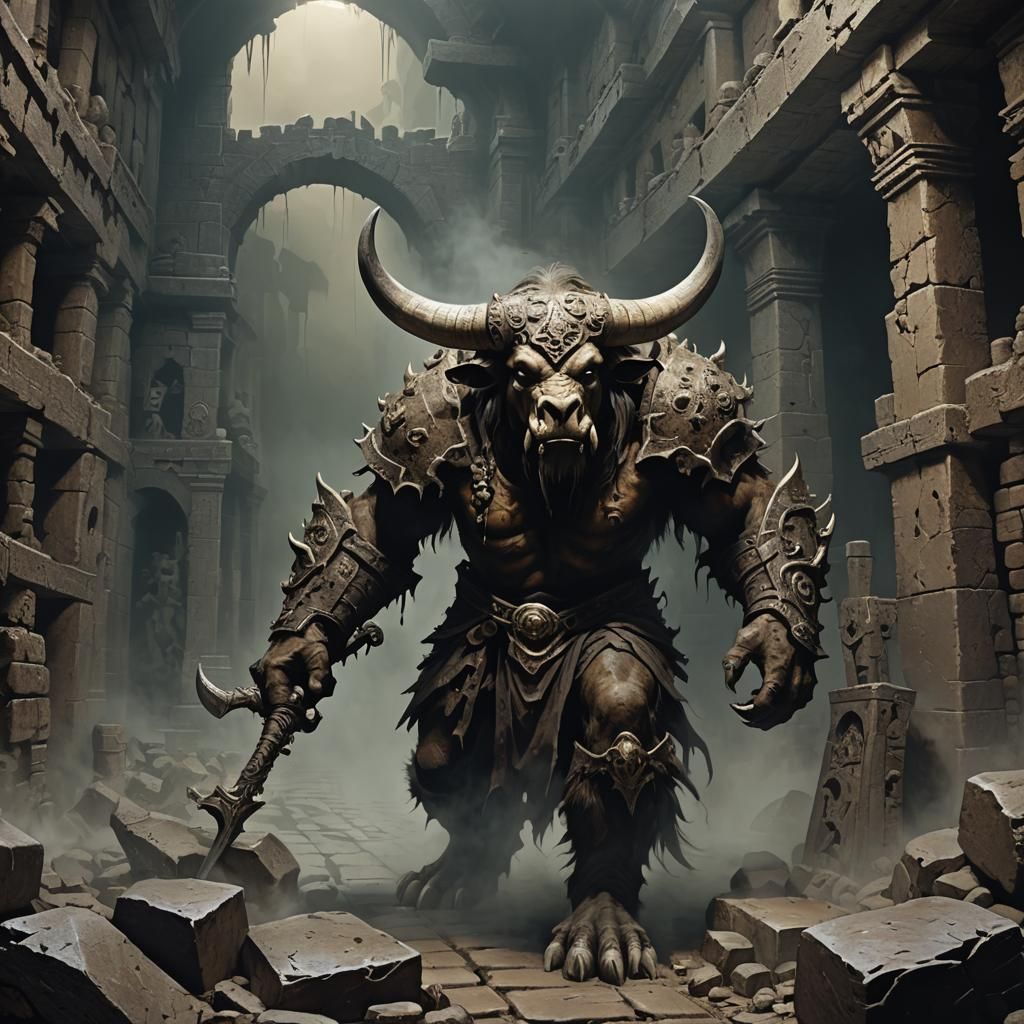 Grimdark Fantasy Minotaur Catacombs in Mist