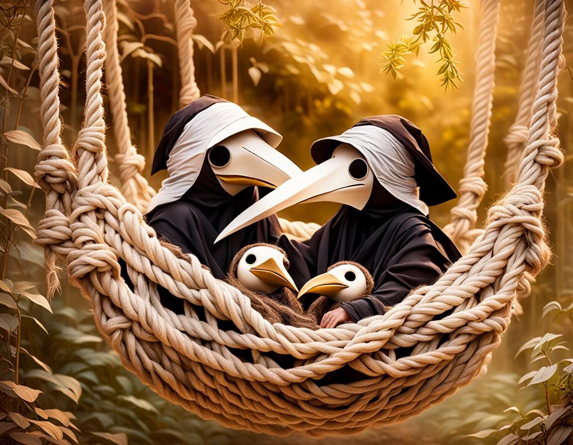 Surreal Plague Doctor Babies in Garden Hammock