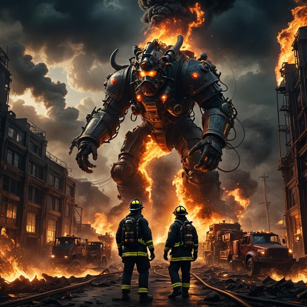 Firefighter Battles Industrial Inferno: Detailed Matte Paint...