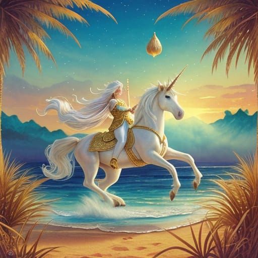 Elegant Fantasy Scene with Unicorn and Elf