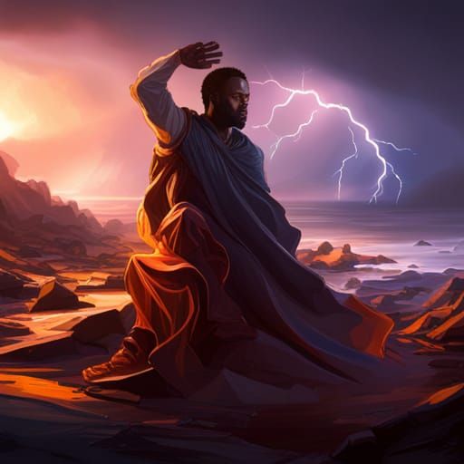 Man Praying in Storm, Detailed Digital Art