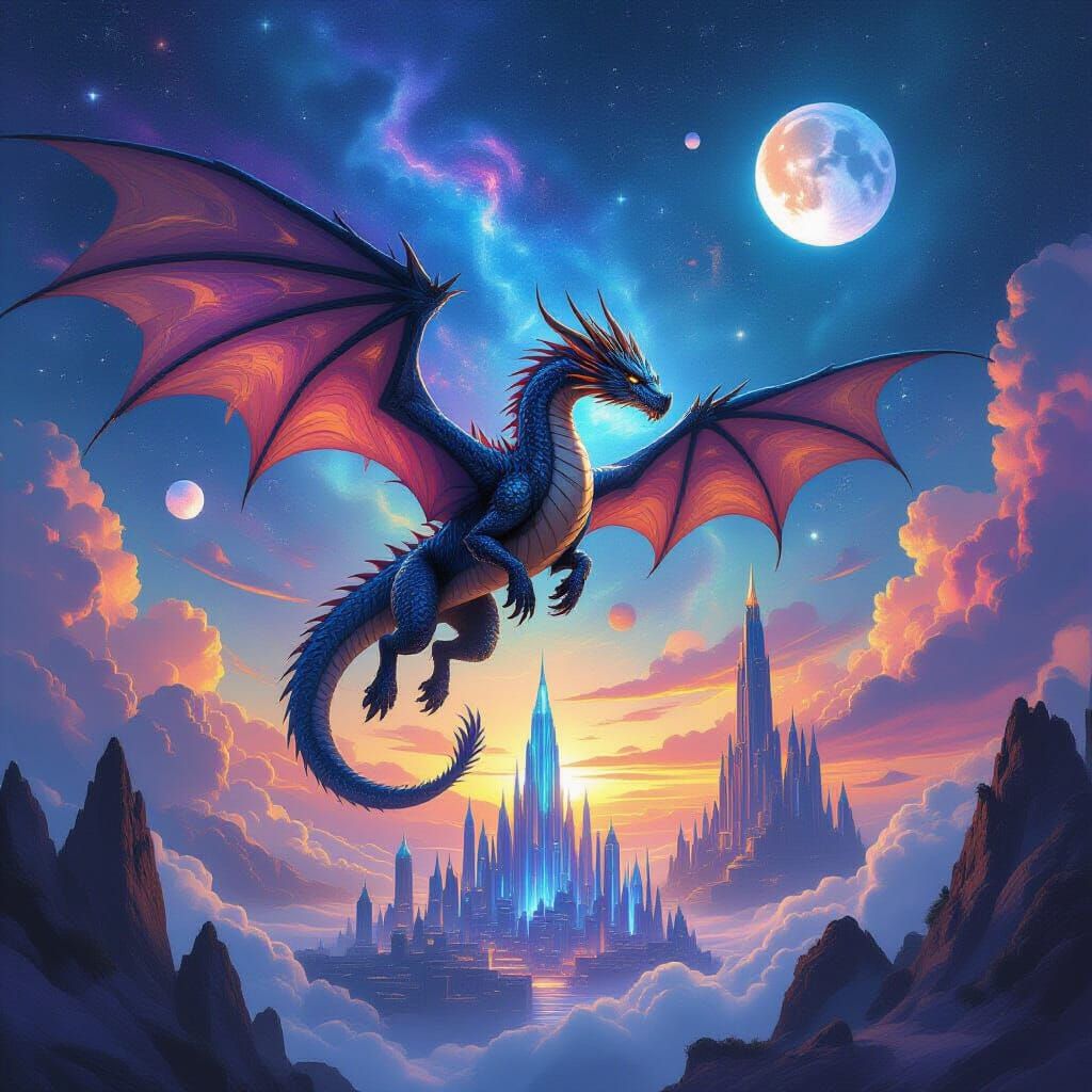 Obsidian Dragon Soaring Through Cosmic Cityscape