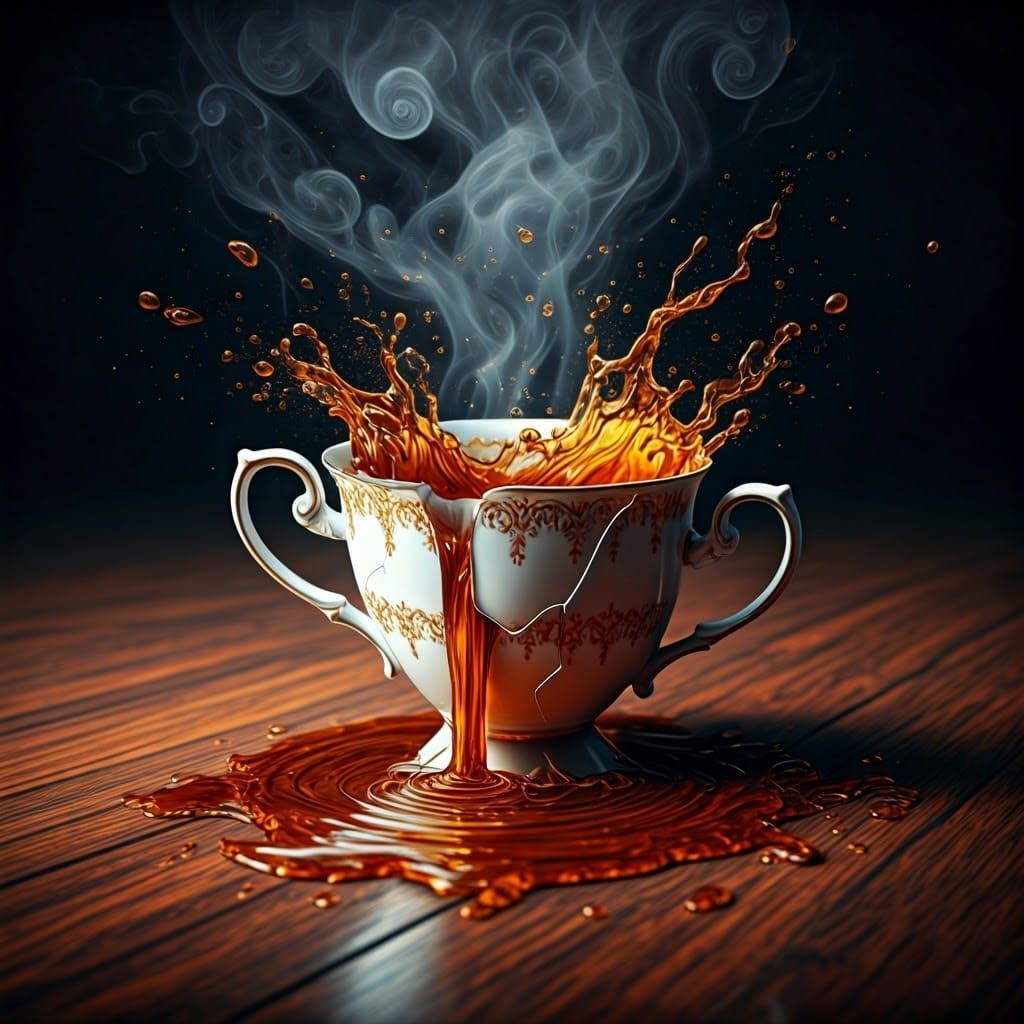 Elegant Tea Cup Shattered in a Dance of Liquid and Light