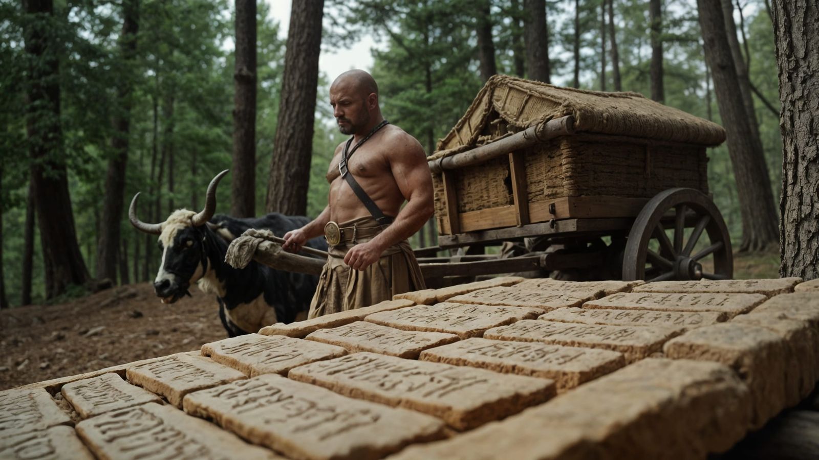 Ancient Sumerian Warrior Leads Chariot in Primeval Forest