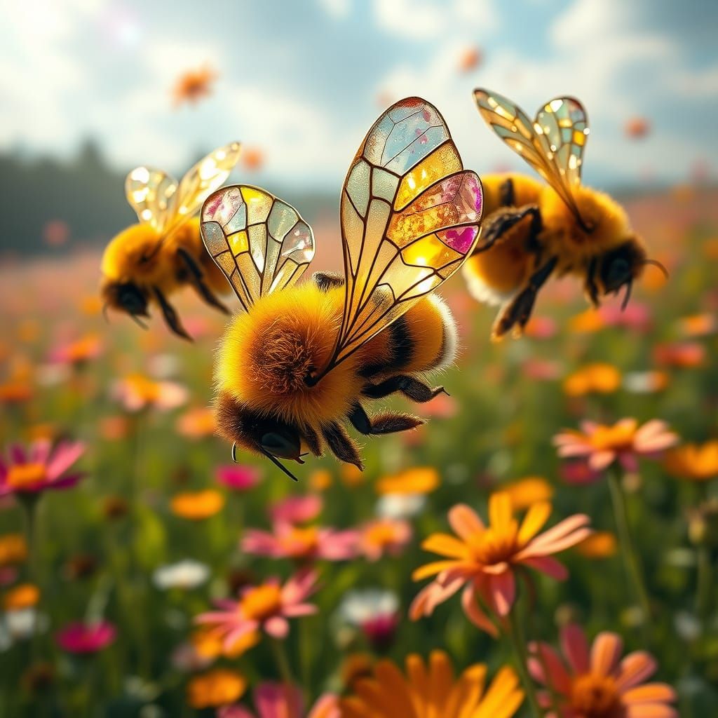 Golden Bumblebees Soar Over Vibrant Flower Meadow