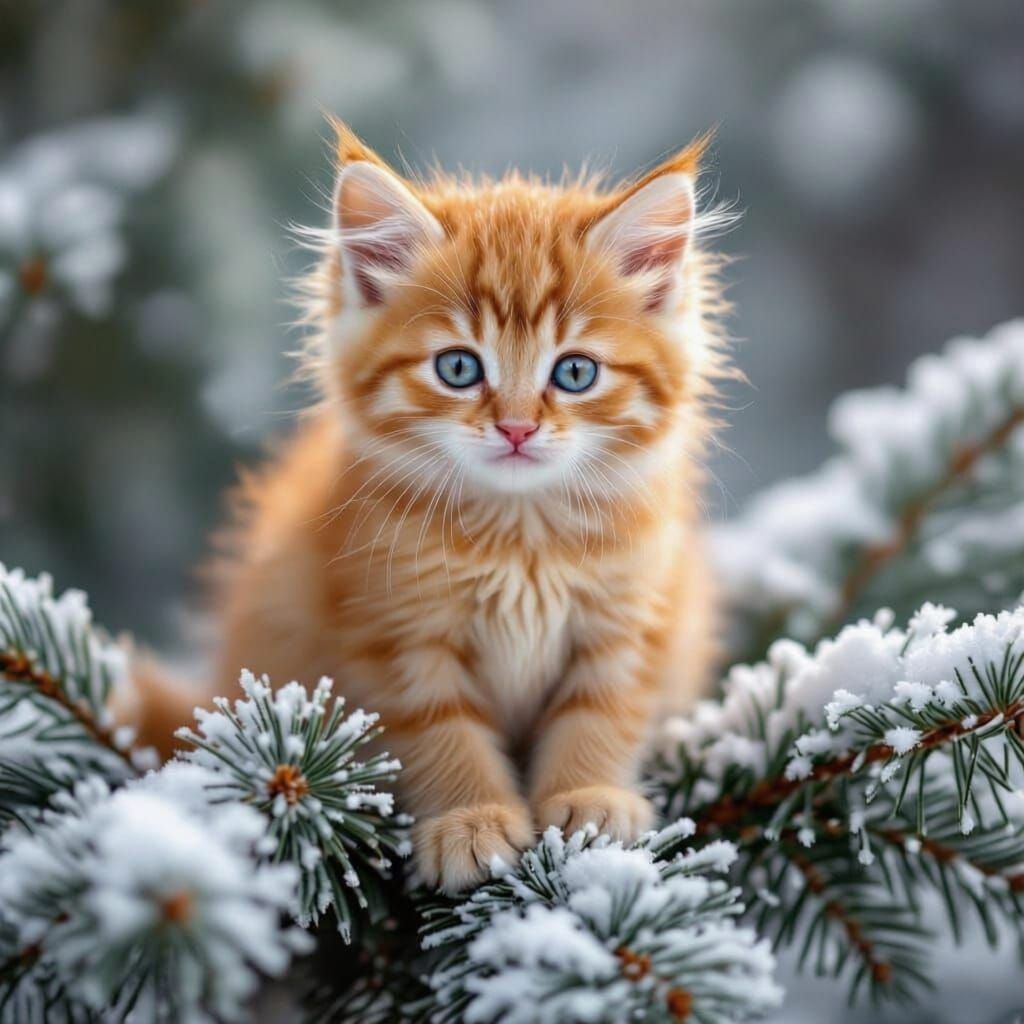 Adorable Ginger Kitten in Snowy Winter Wonderland