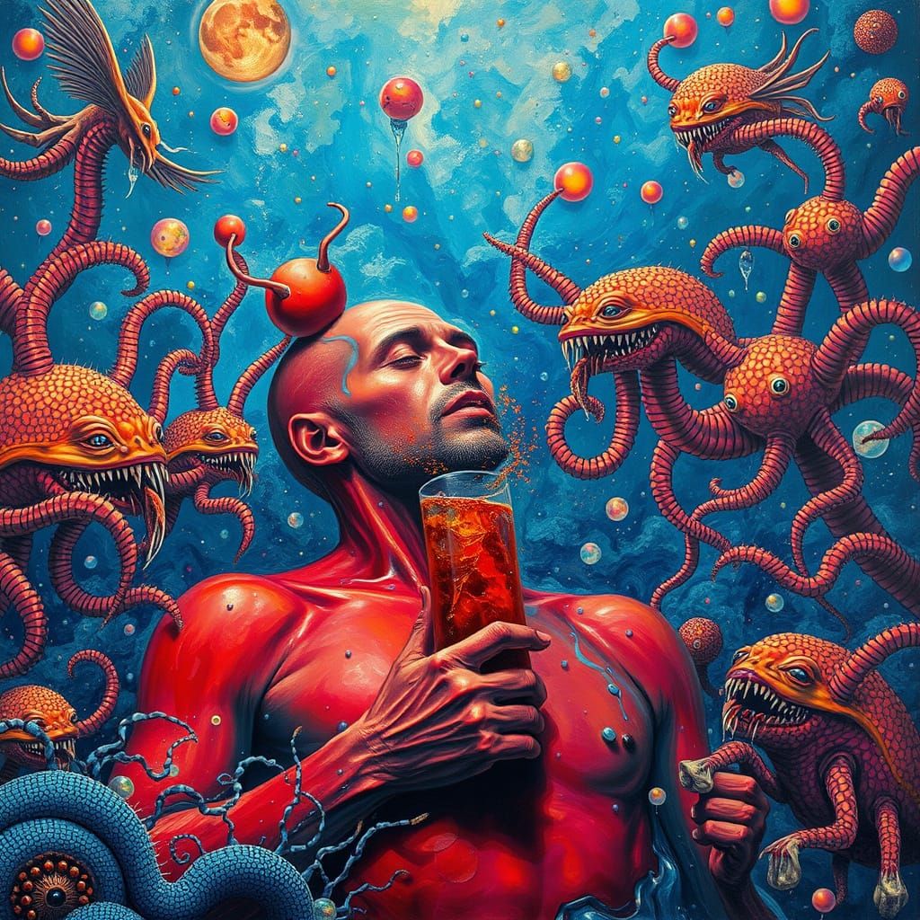 Surreal Melting Man in Psychedelic Utopia