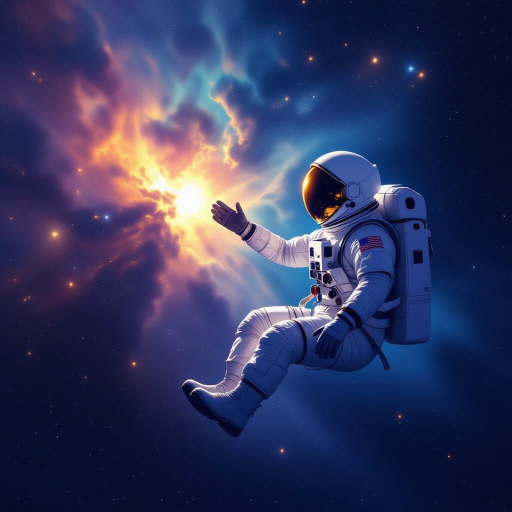 Astronaut Reaches for Nebula in Cosmic Sci-Fi Style