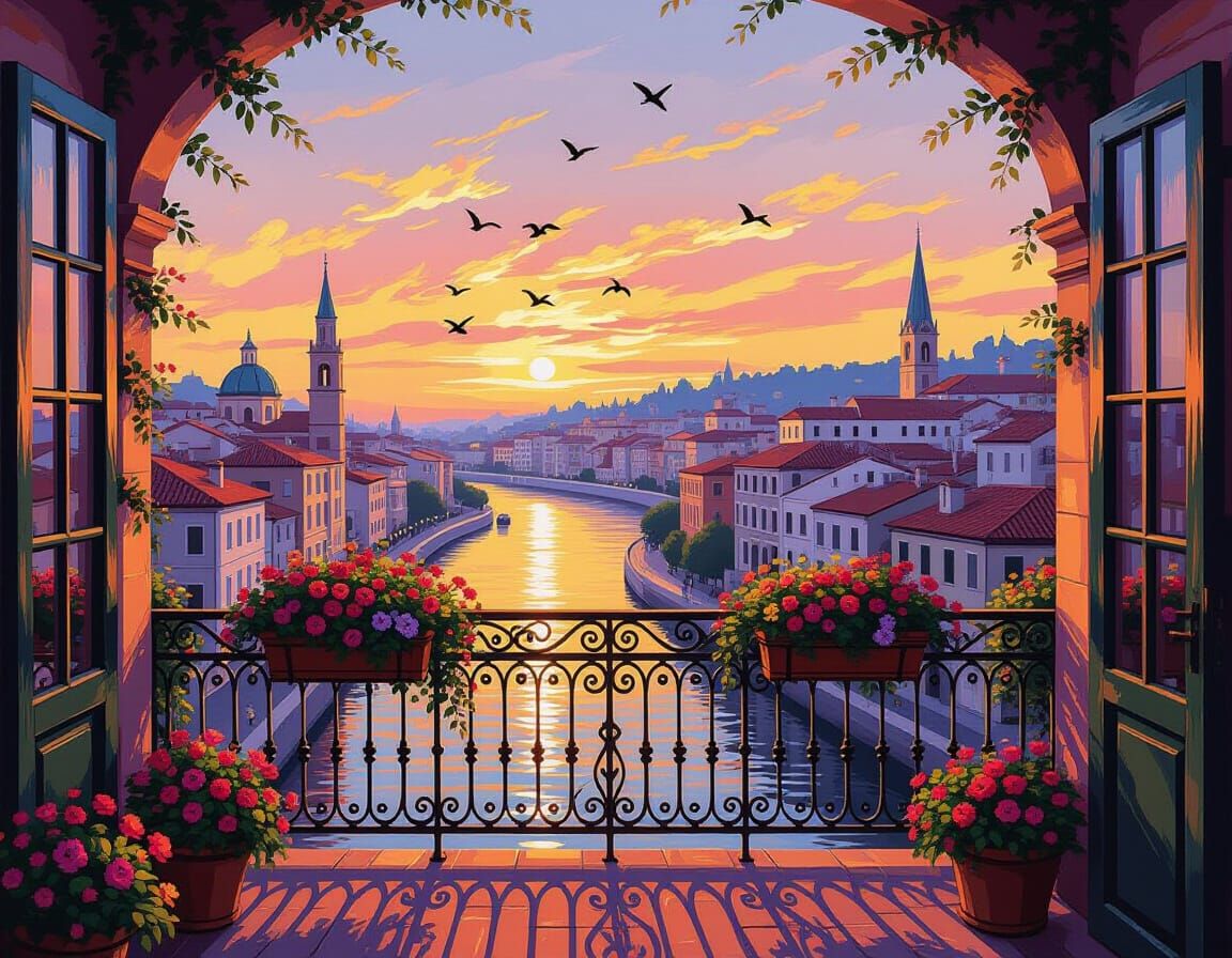 Impressionistic Cityscape at Twilight with Balcony View