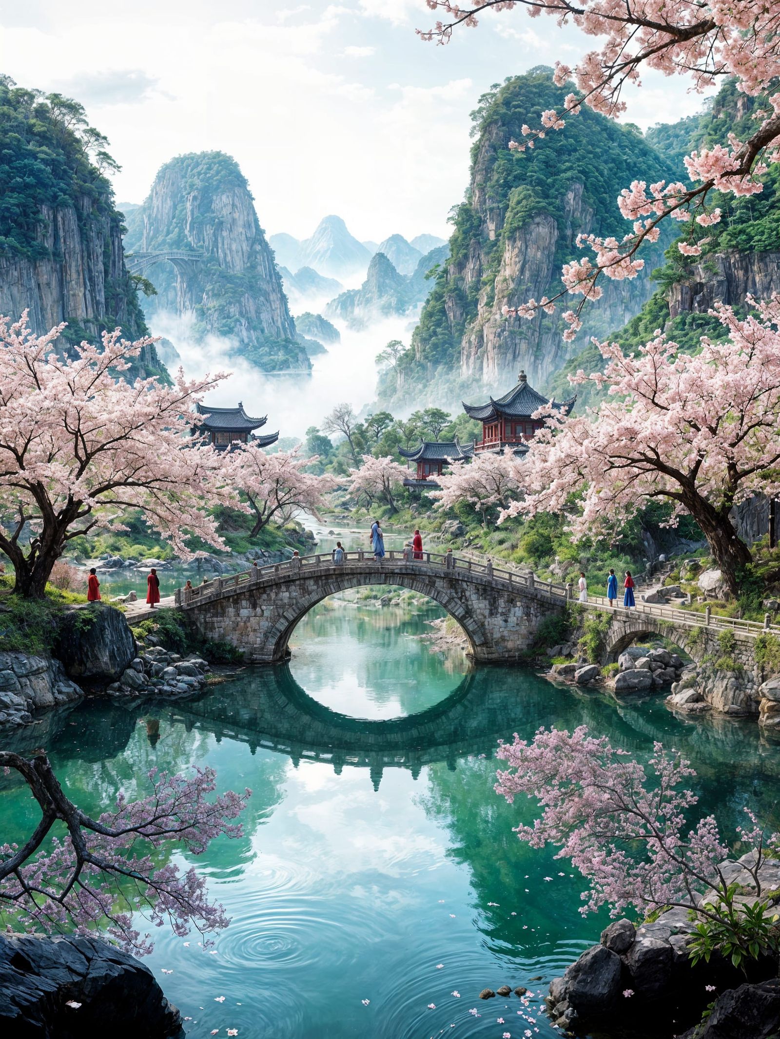 Ancient Chinese Spring Landscape With Stone Bridge