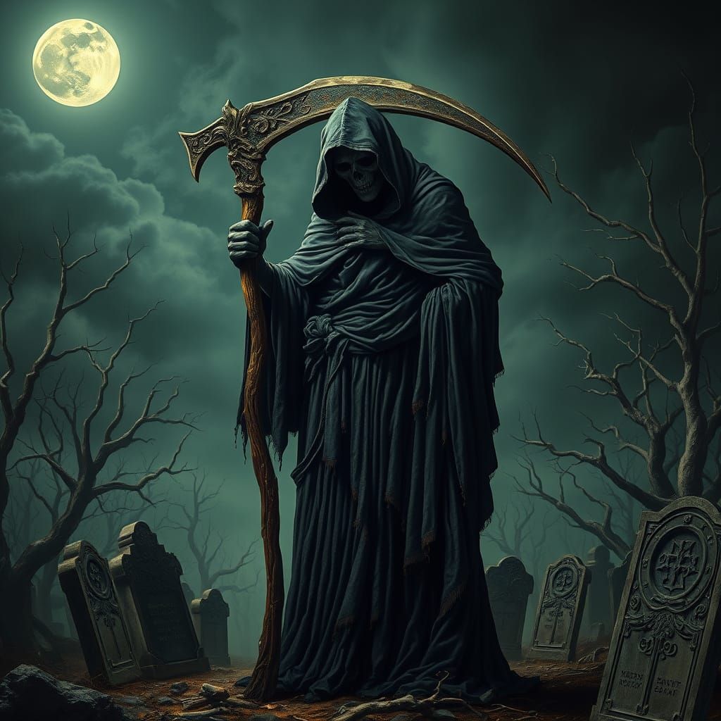 Dark Surrealist Grim Reaper in Moonlit Graveyard