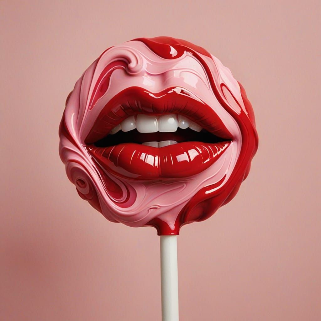 Red Lips on Lollipop in Swirl Art Style