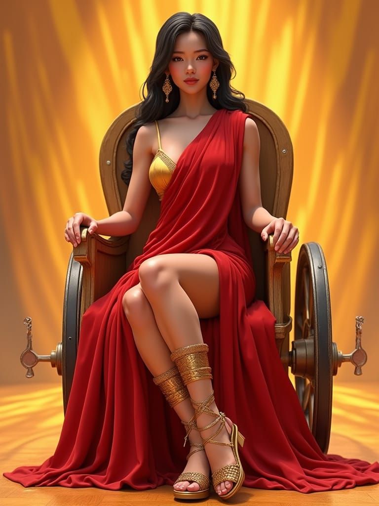 Beautiful Filipina Goddess on Roman Chariot in Red Toga