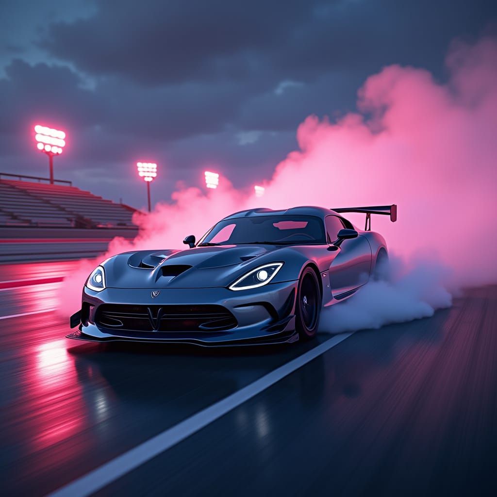 Sleek Gray Viper Speedster Blazes Down Neon-Lit Racing Circu...