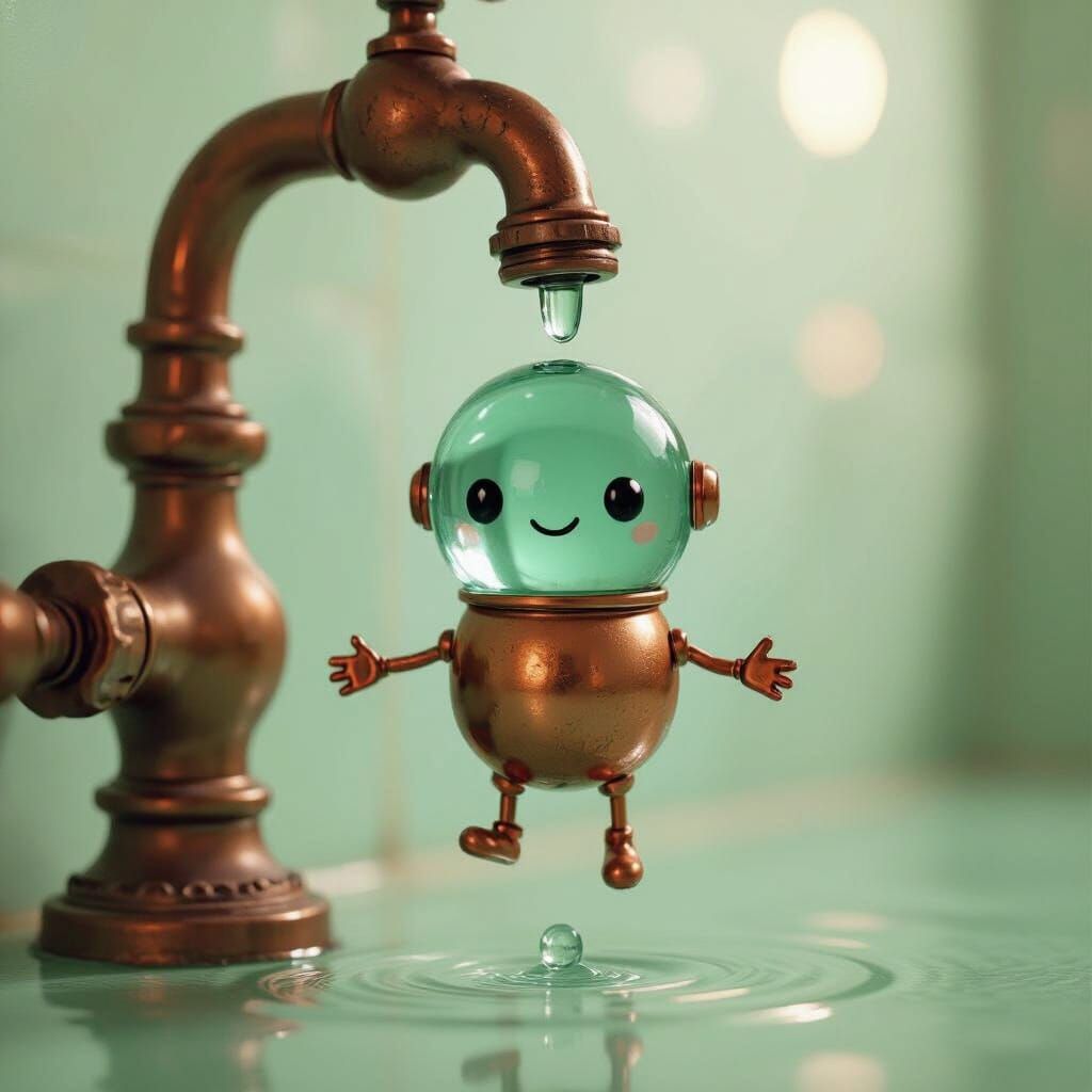 Water Droplet Character in Copper Pipe, Futuristic Style