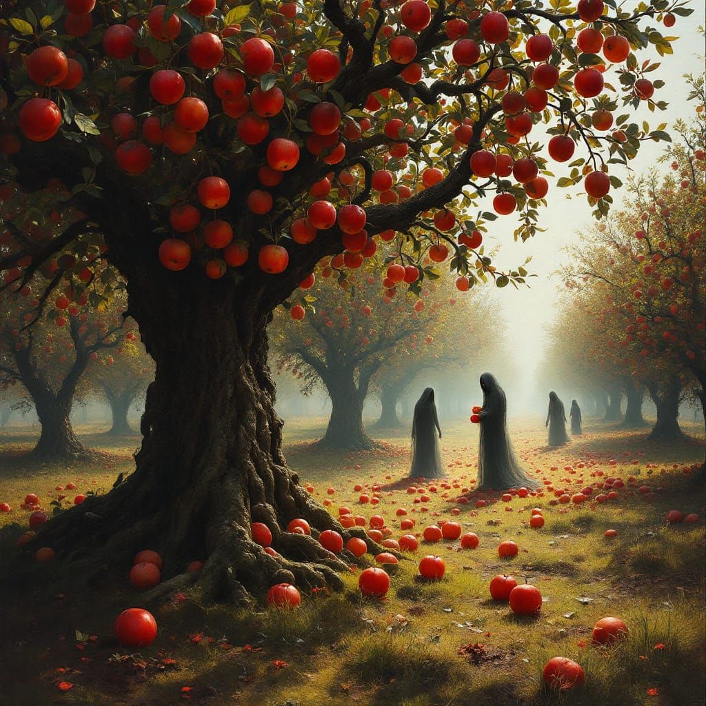 Ethereal Ghosts Harvest Apples in Sunlit Orchard